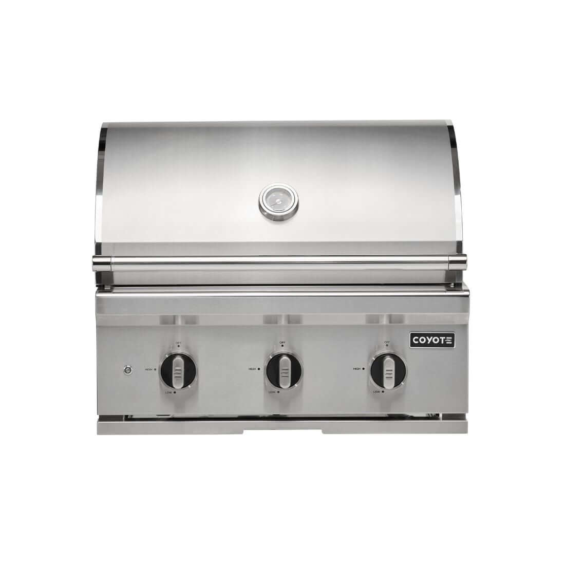 Churrasqueira a Gás Coyote 3 Queimadores Série C3 Inox com tampo em aço inoxidável e botões de controle.